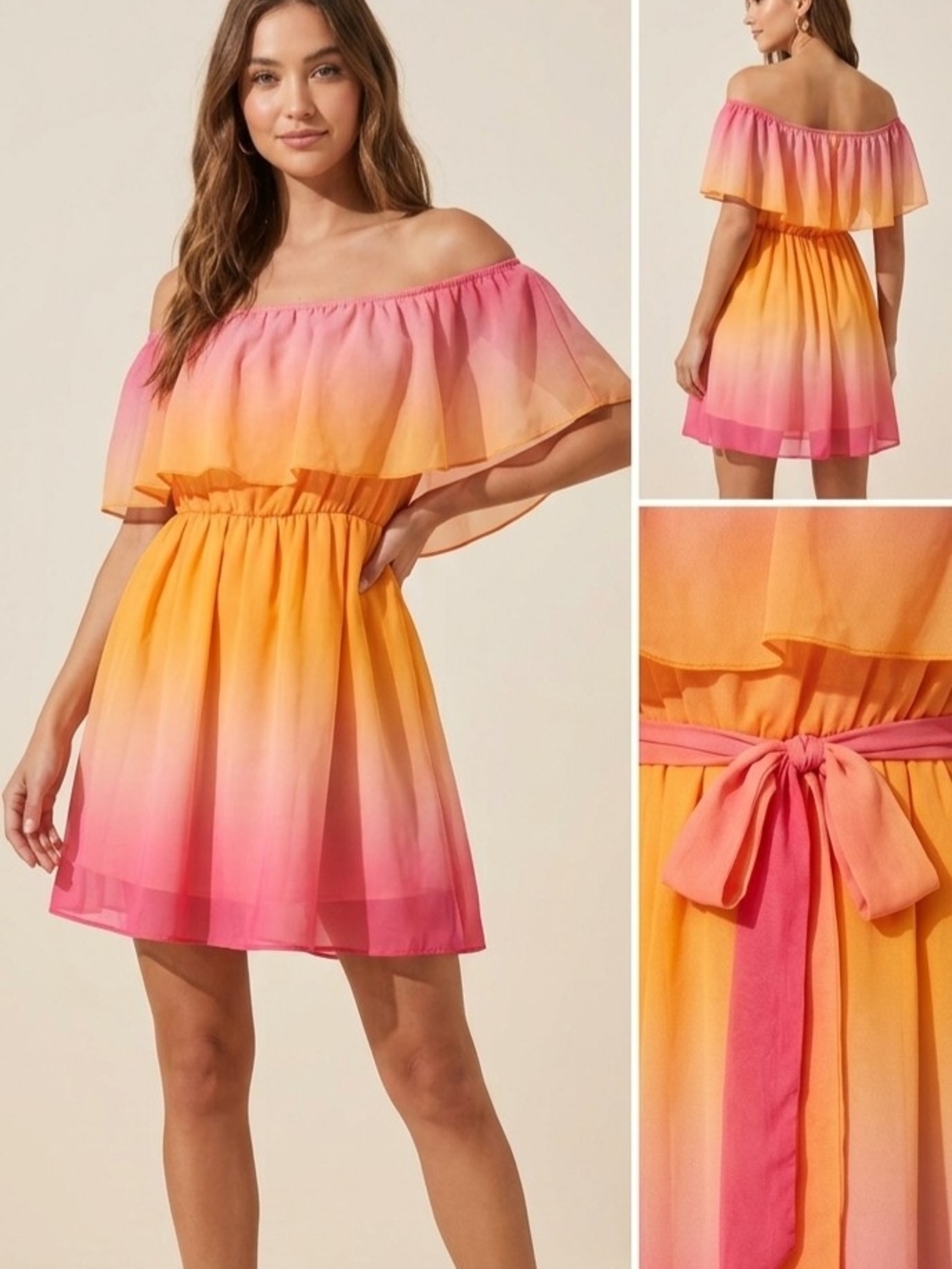 Off-Shoulder Ombre Pink and Orange Summer Dress